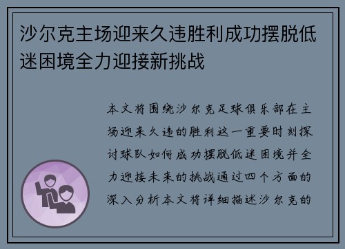 沙尔克主场迎来久违胜利成功摆脱低迷困境全力迎接新挑战