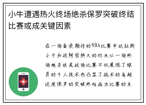 小牛遭遇热火终场绝杀保罗突破终结比赛或成关键因素