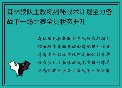 森林狼队主教练揭秘战术计划全力备战下一场比赛全员状态提升