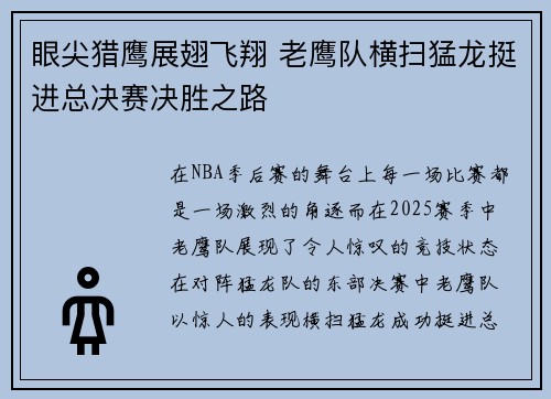 眼尖猎鹰展翅飞翔 老鹰队横扫猛龙挺进总决赛决胜之路